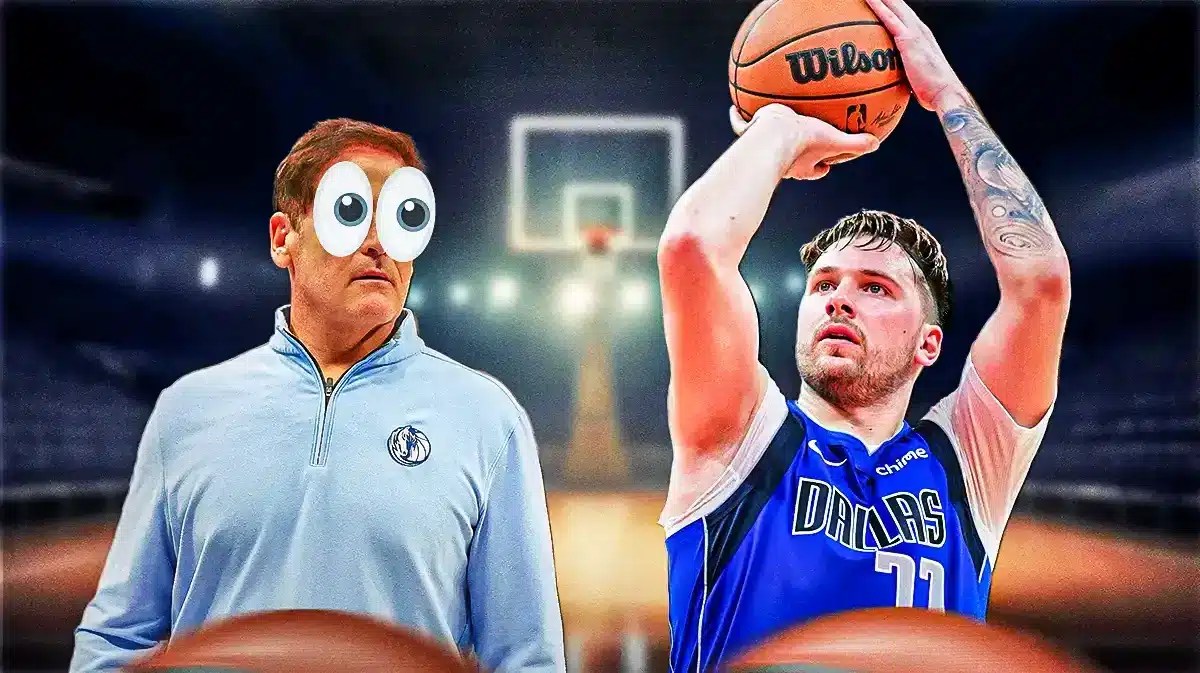 Mark Cuban eyes popping out looking at Mavericks' Luka Doncic shooting a basketball.