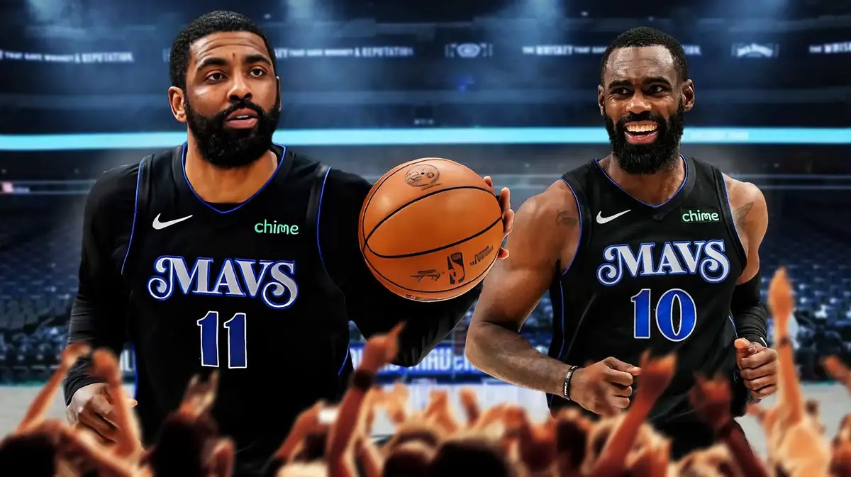 Kyrie Irving and Tim Hardaway Jr. with Mavs jerseys