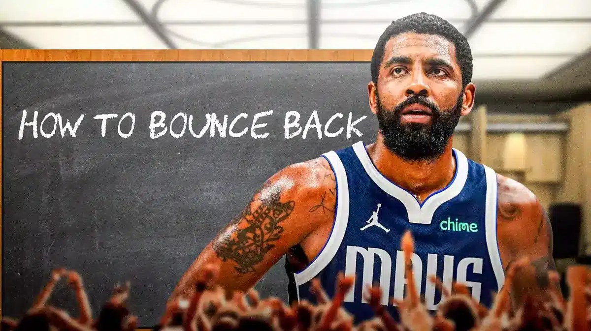 Mavs' Kyrie Irving standing in front of a chalk board. On the board, write the following: HOW TO BOUNCE BACK