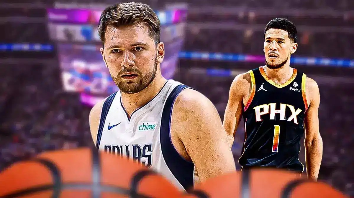 Mavericks' Luka Doncic looking serious in front, make it a close-up image. Place Suns' Devin Booker looking serious in background.