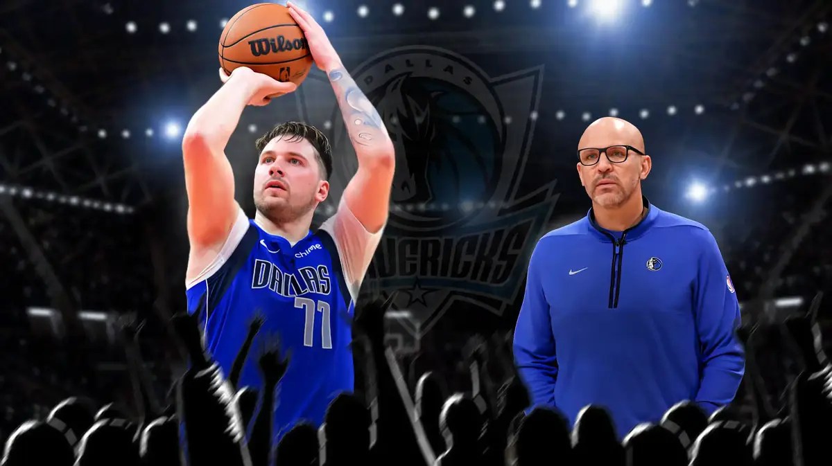 Mavericks' Luka Doncic shooting a basketball on left, Mavericks' Jason Kidd on right looking serious.