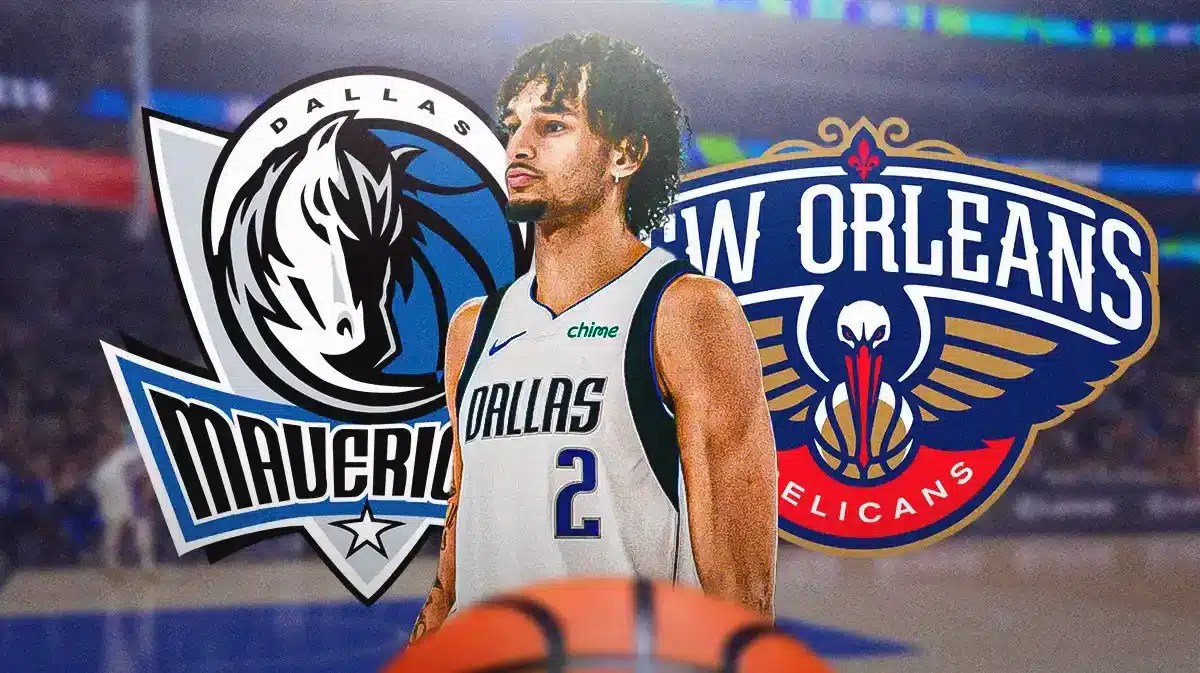 Mavs' Dereck Lively in front looking serious. Need the Mavs and Pelicans logos in background.