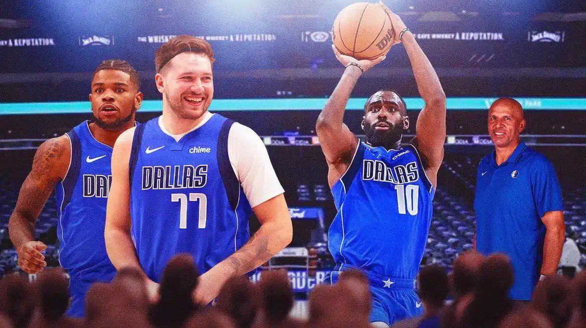 Mavericks' Luka Doncic, Mavericks' Jason Kidd, Mavericks' Jaden Hardy all smiling watching Mavericks' Tim Hardaway Jr. shooting a basketball at American Airlines Center.
