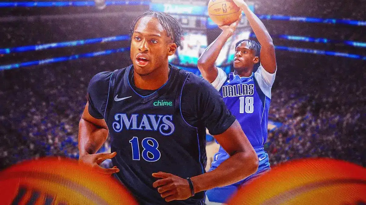 Mavs' Olivier-Maxence Prosper in front looking serious. In background, Mavs' Olivier-Maxence Prosper shooting a basketball.