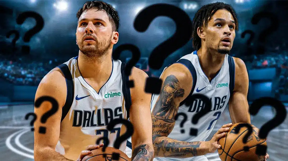 Mavs' Luka Doncic, Mavs' Dereck Lively both shooting basketballs. Question marks in image.