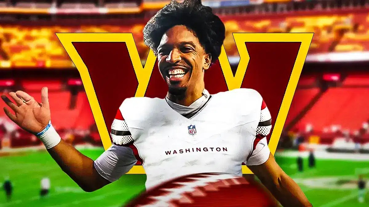 LSU star Jayden McDaniels wearing a Commanders jersey in front of FedEx Field
