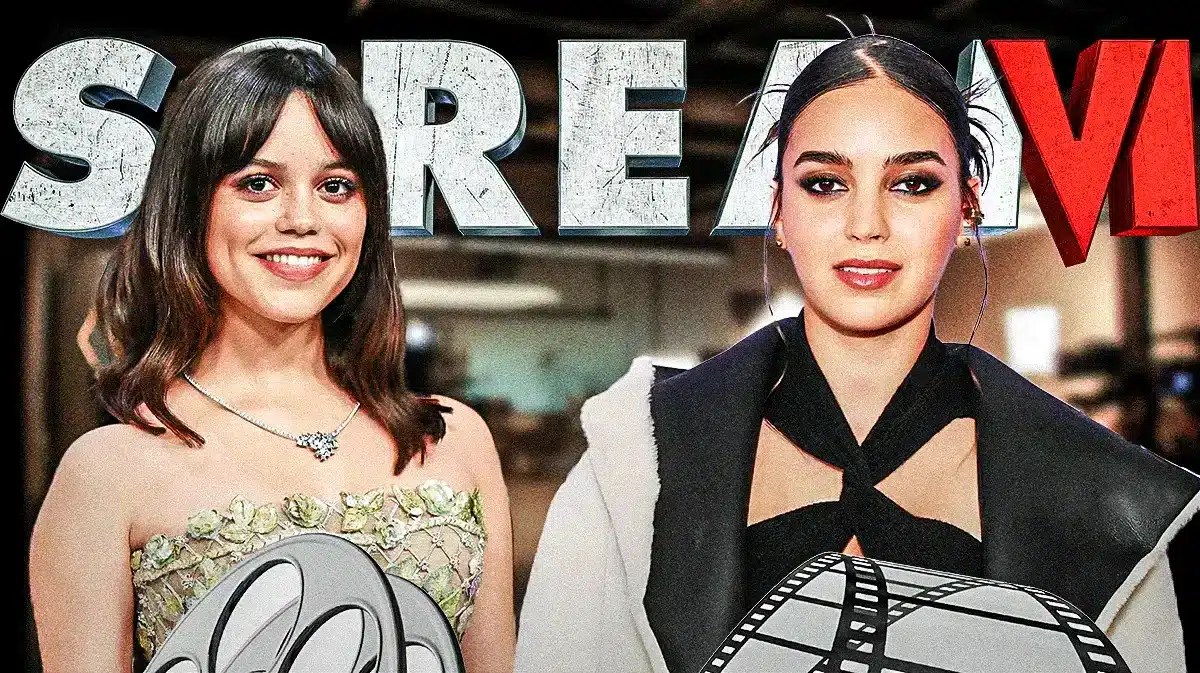 Jenna Ortega and Melissa Barrera in front of Scream logo.