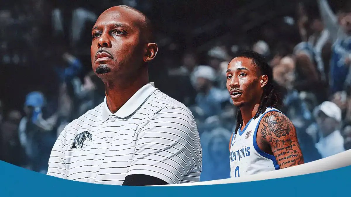 Memphis basketball coach Penny Hardaway and Caleb Mills