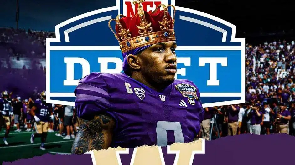 Washington football QB Michael Penix Jr after Sugar Bowl win over Texas with NFL Draft logo