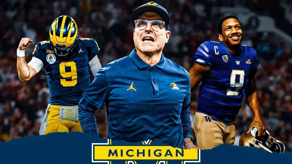Washington football qb Michael Penix Jr with Michigan Jim Harbaugh before College Football Playoff final