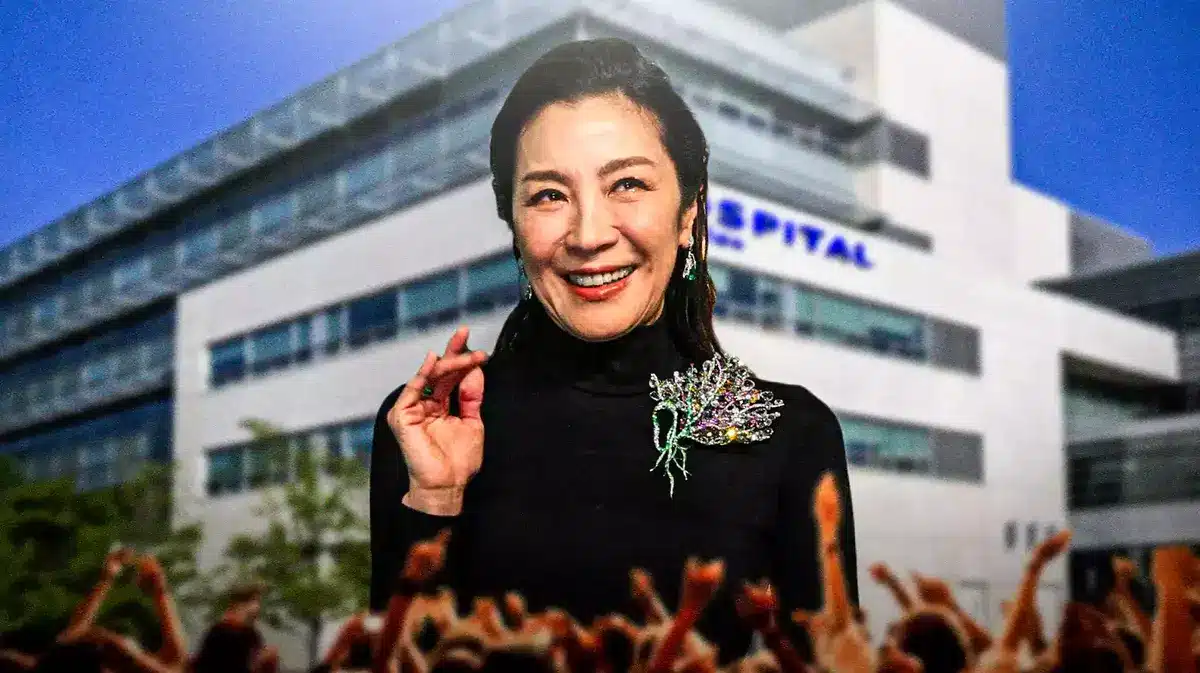 Michelle Yeoh with hospital background.