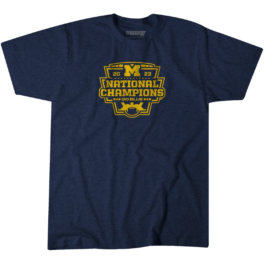 Michigan Football 2023 National Champions Logo T-Shirt - Navy color on a white background.