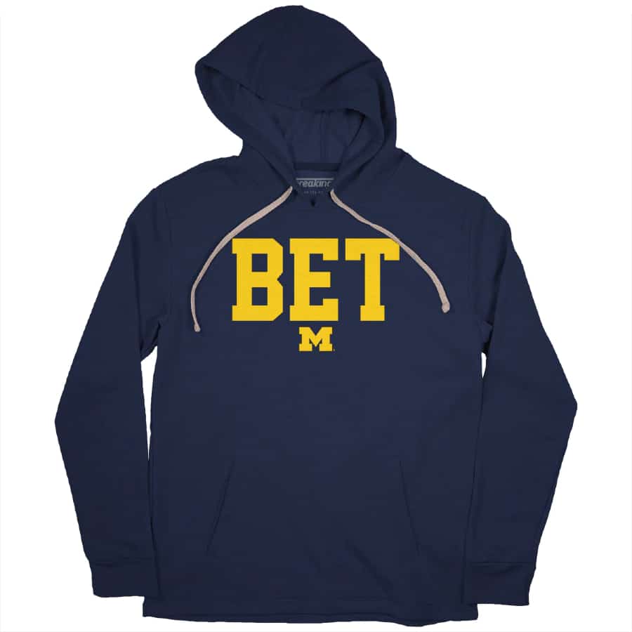 Michigan Football BET Hoodie - Navy color on a white background.