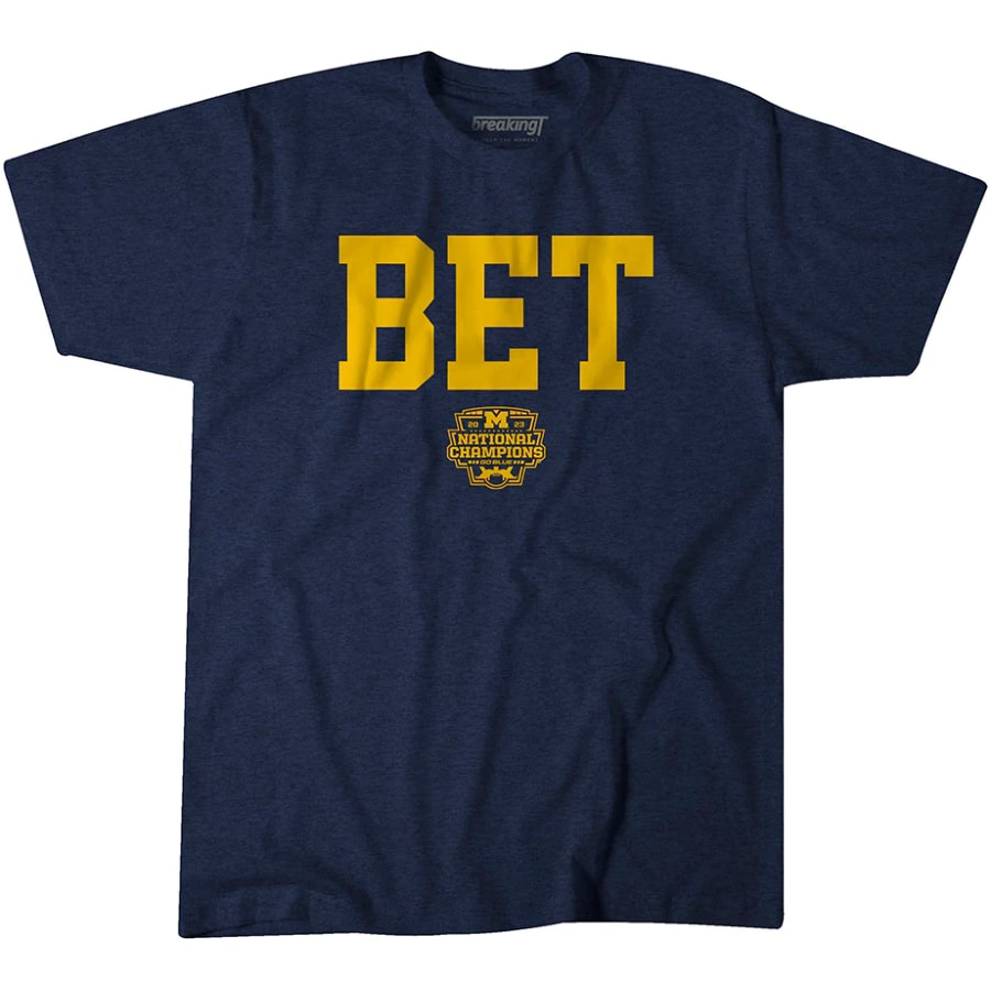Michigan Football BET National Champs 2023 T-Shirt - Navy colored on a white background.