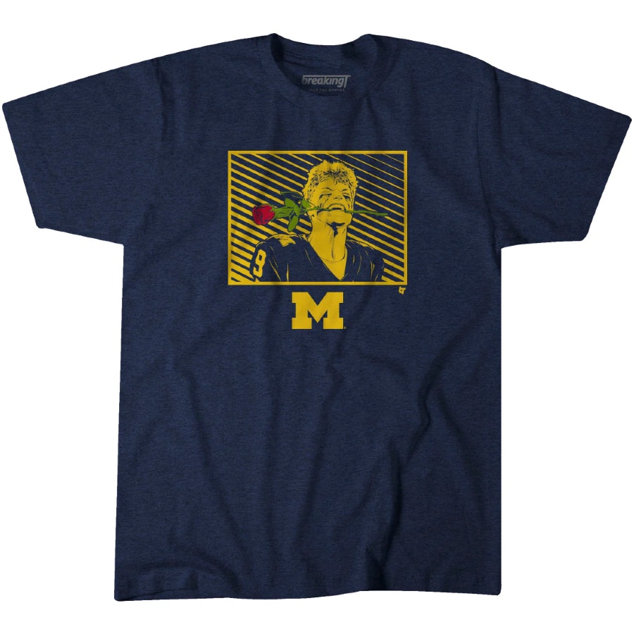 Michigan Football J.J. McCarthy Rose T-Shirt - Navy colored on a white background.
