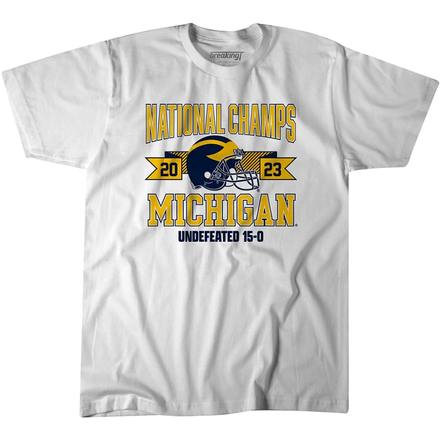 Michigan Football National Champions Arched Helmet T-Shirt - White colored on a white background.