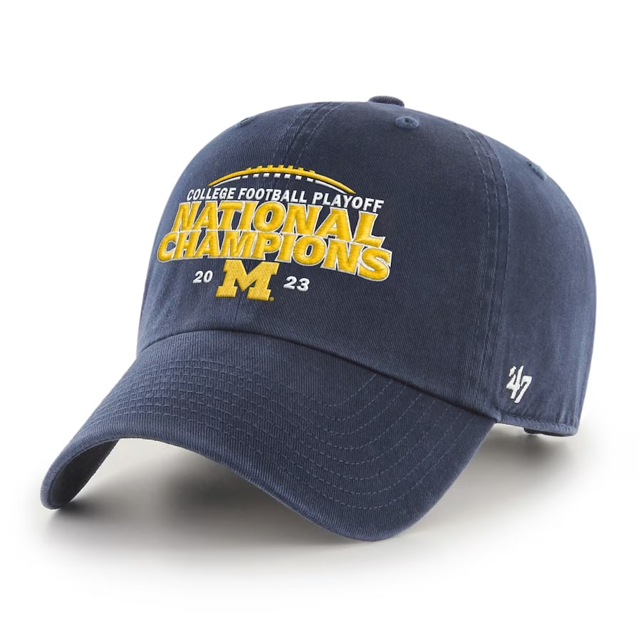 Michigan Wolverines '47 College Football Playoff 2023 National Champions Clean Up Adjustable Hat - Navy colored on a white background.