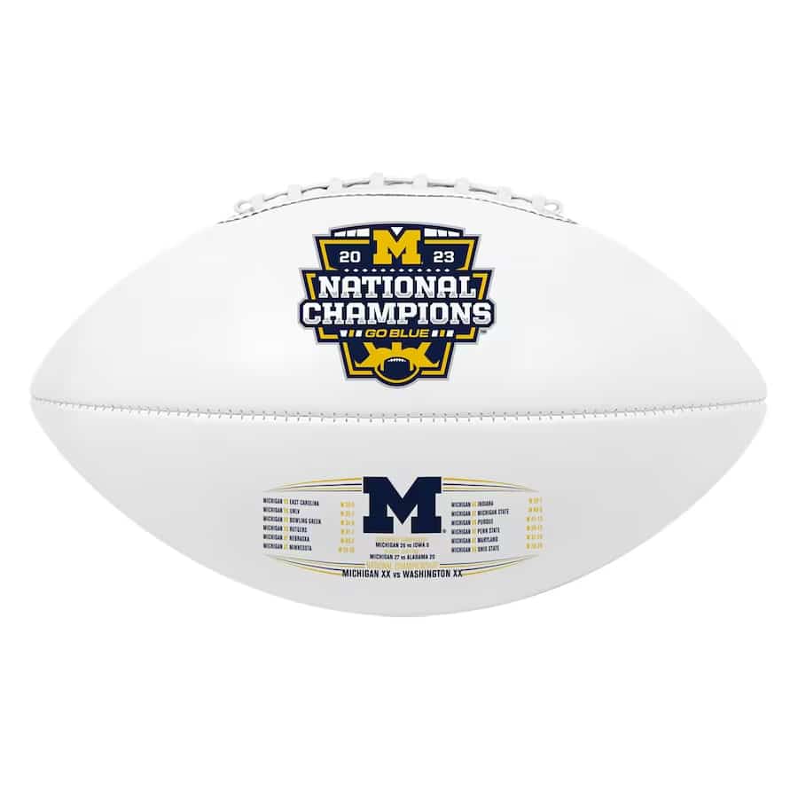 Michigan Wolverines Fanatics Authentic College Football Playoff 2023 National Champions Baden White Panel Football on a white background.