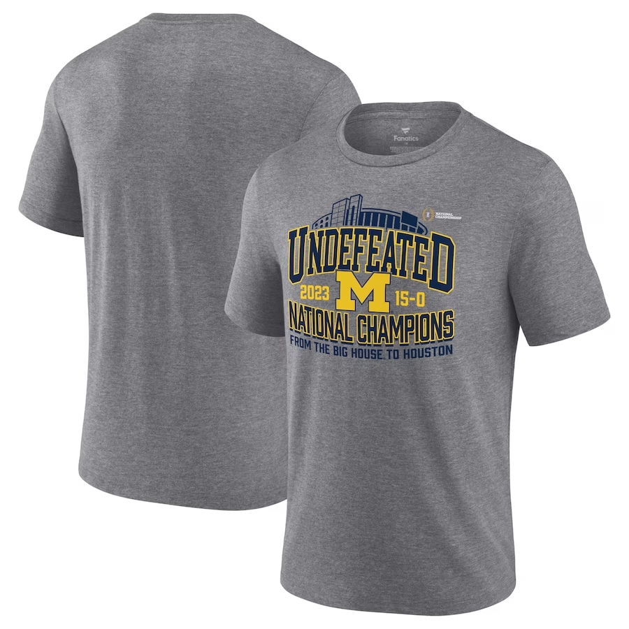 Michigan Wolverines Fanatics Branded College Football Playoff 2023 National Champions Hometown Tri-Blend T-Shirt - Heather Gray colored on a white background.