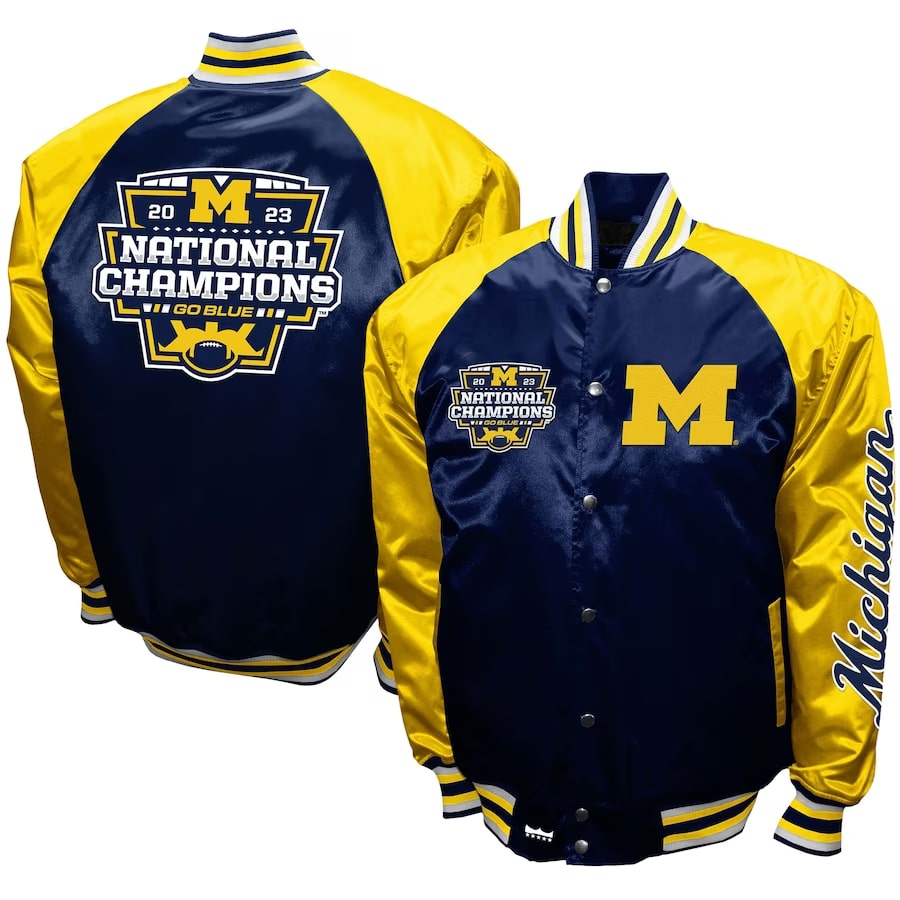 Michigan Wolverines Franchise Club College Football Playoff 2023 National Champions The Game Satin Full-Snap Jacket - Navy colored on a white background.
