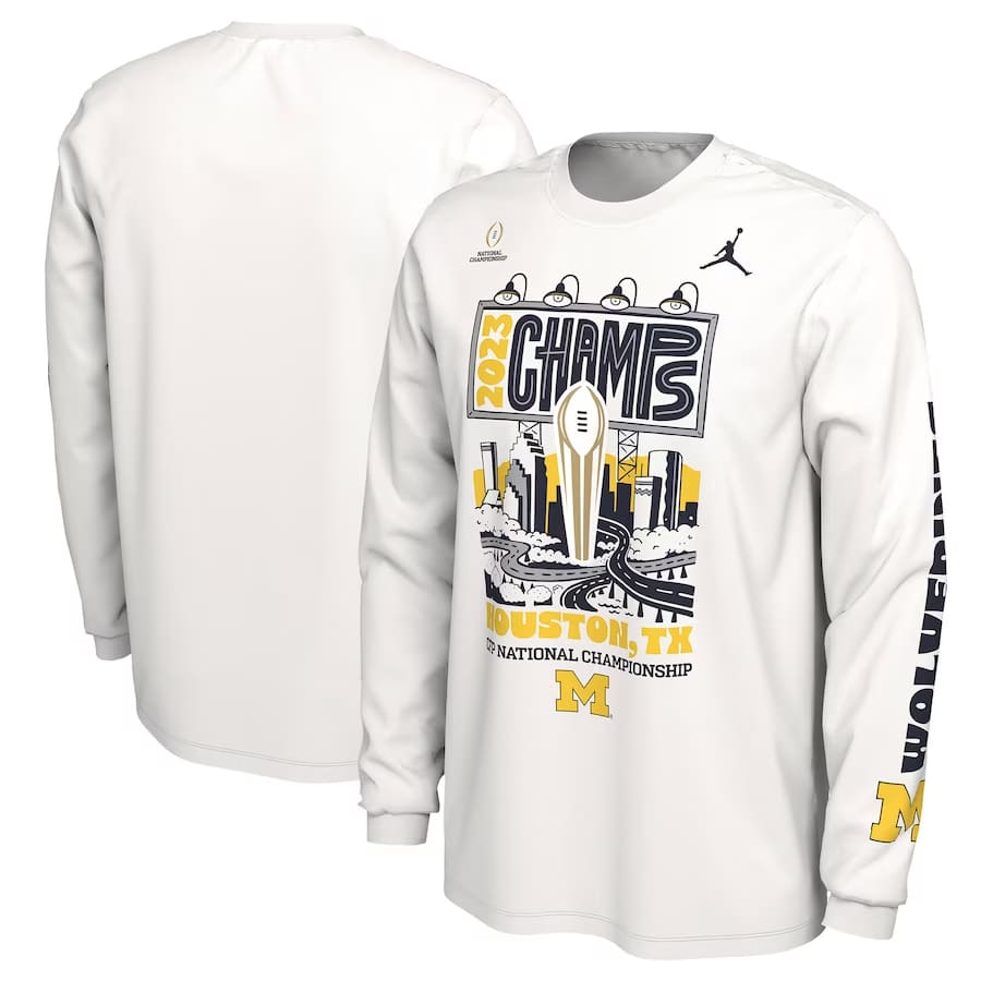 Michigan Wolverines Jordan Brand College Football Playoff 2023 National Champions Expressive Long Sleeve T-Shirt - White colored on a white background.
