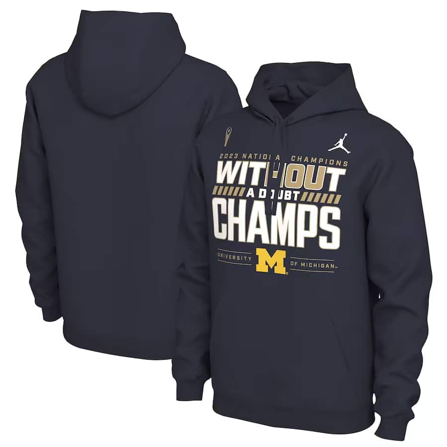Michigan Wolverines Jordan Brand College Football Playoff 2023 National Champions Locker Room Pullover Hoodie - Navy colored on a white background.