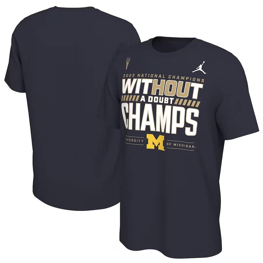 Michigan Wolverines Jordan Brand College Football Playoff 2023 National Champions Locker Room T-Shirt - Navy colored on a white background.