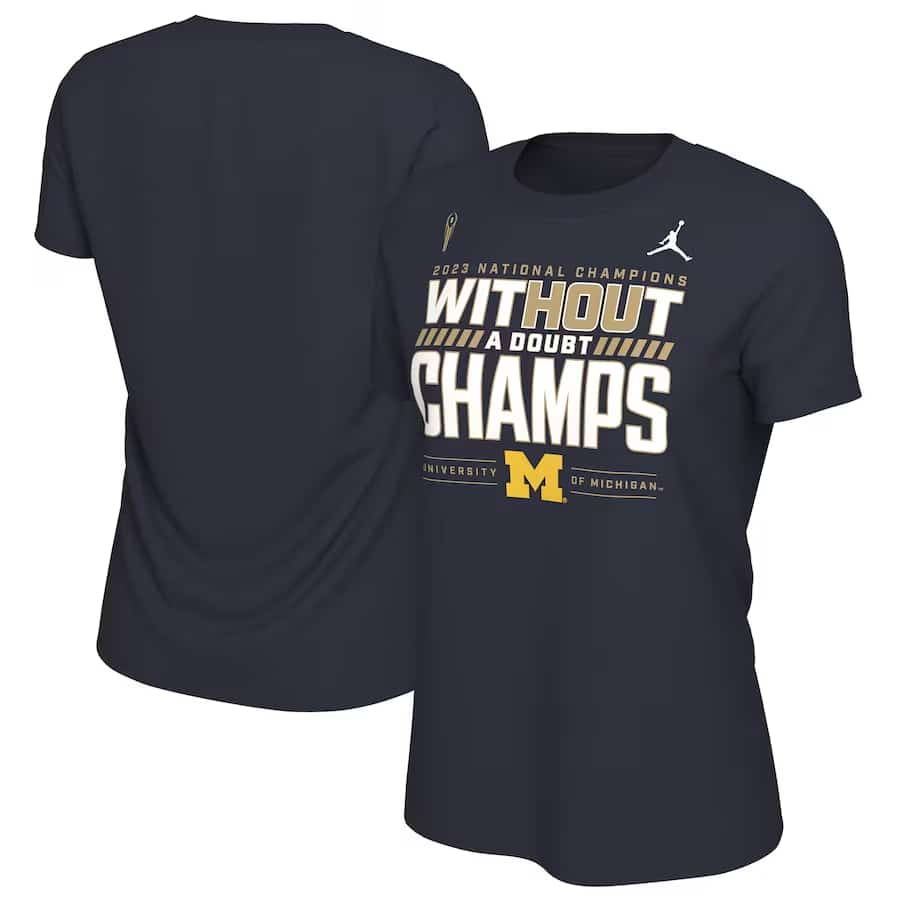 Michigan Wolverines Jordan Brand Women's College Football Playoff 2023 National Champions Locker Room T-Shirt - Navy color on a white background.