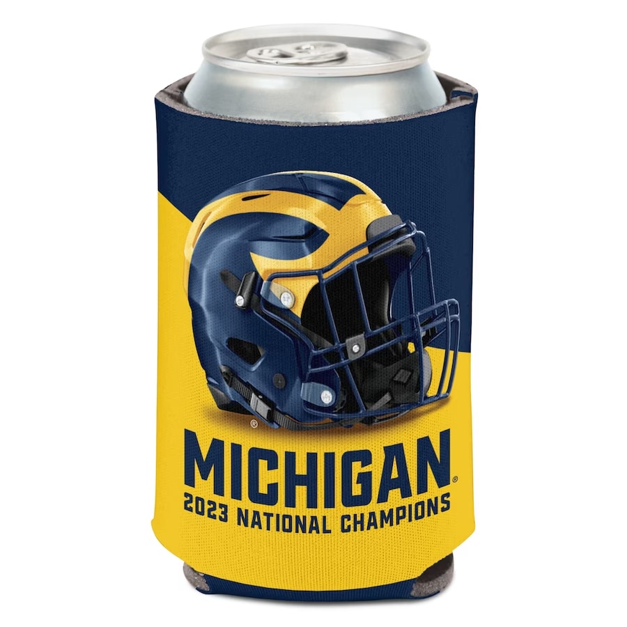 Michigan Wolverines WinCraft College Football Playoff 2023 National Champions 12oz. Can Cooler on a white background.