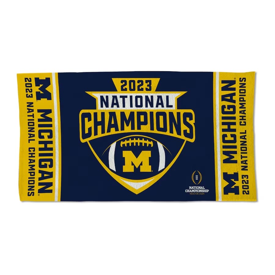Michigan Wolverines WinCraft College Football Playoff 2023 National Champions Locker Room 22'' x 42'' Double-Sided Towel on a white background.