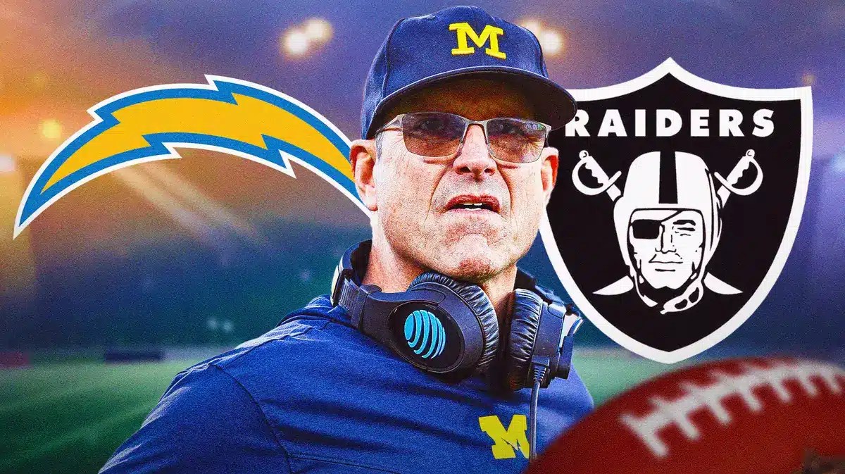 Jim Harbaugh looking serious in Michigan football coaching gear, have Chargers, Raiders logos behind him