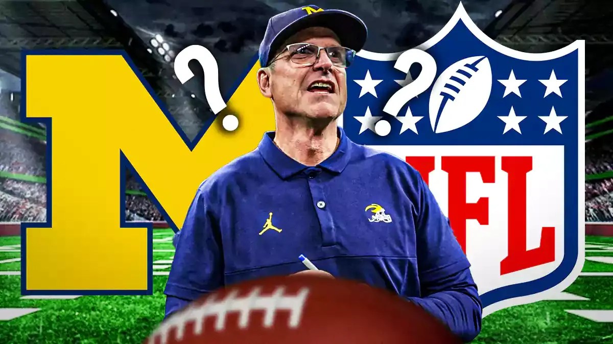 Jim Harbaugh, Michigan logo, NFL logo. Question marks