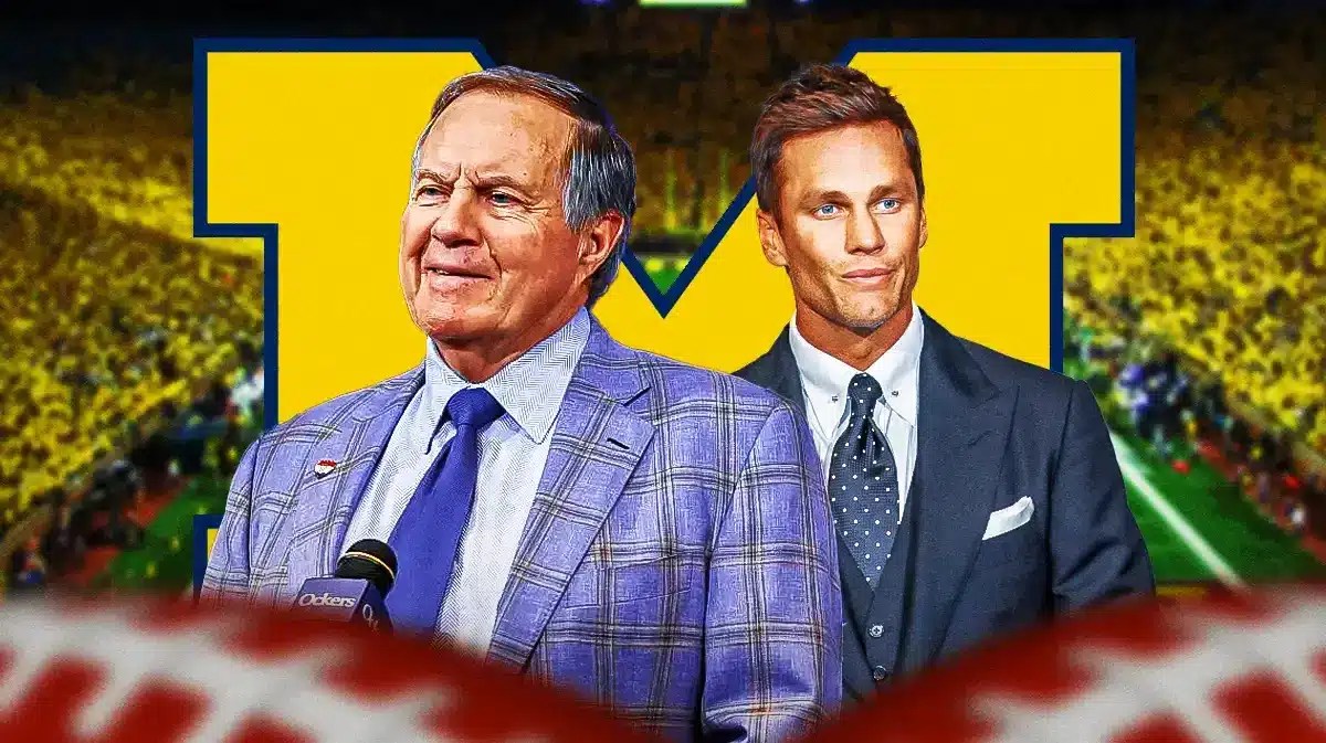 Bill Belichick and Tom Brady standing in front of Michigan football logo, Jim Harbaugh departs for the Chargers out of sight