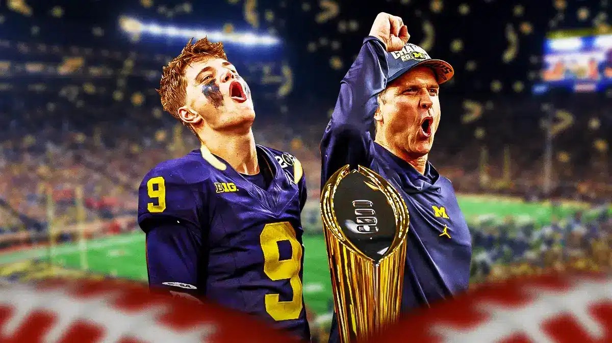 Michigan football coach Jim Harbaugh and quarterback J.J. McCarthy celebrating their national championship