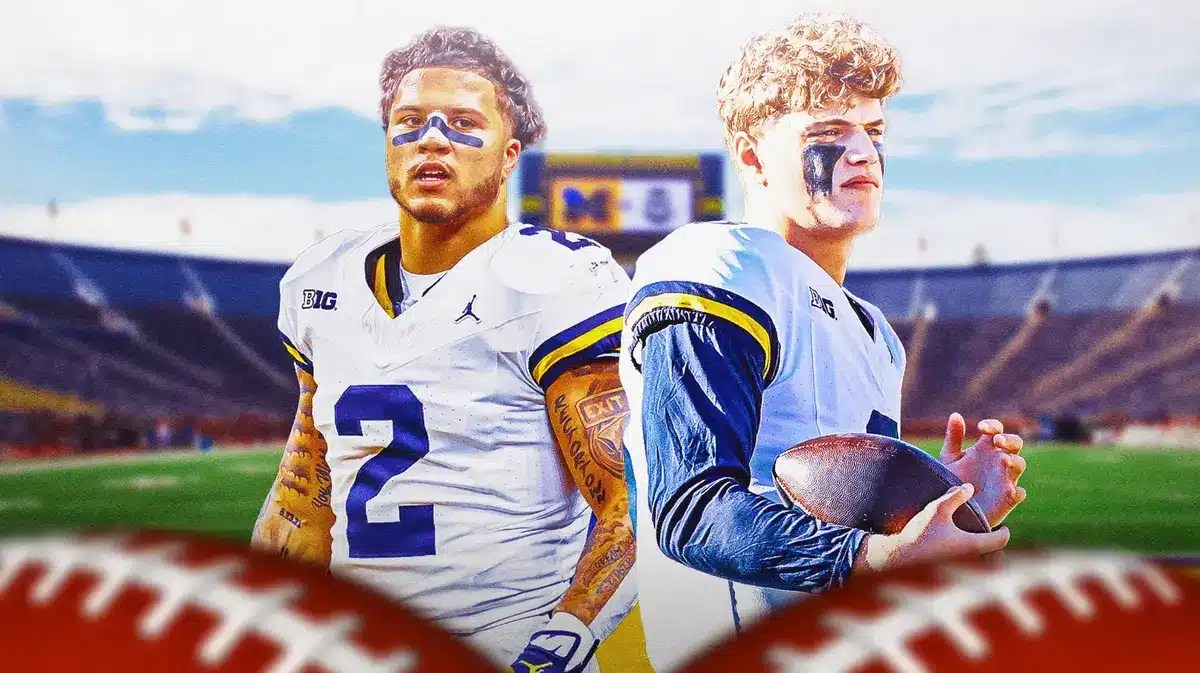 Michigan football stars JJ McCarthy and Blake Corum in front of their stadium.
