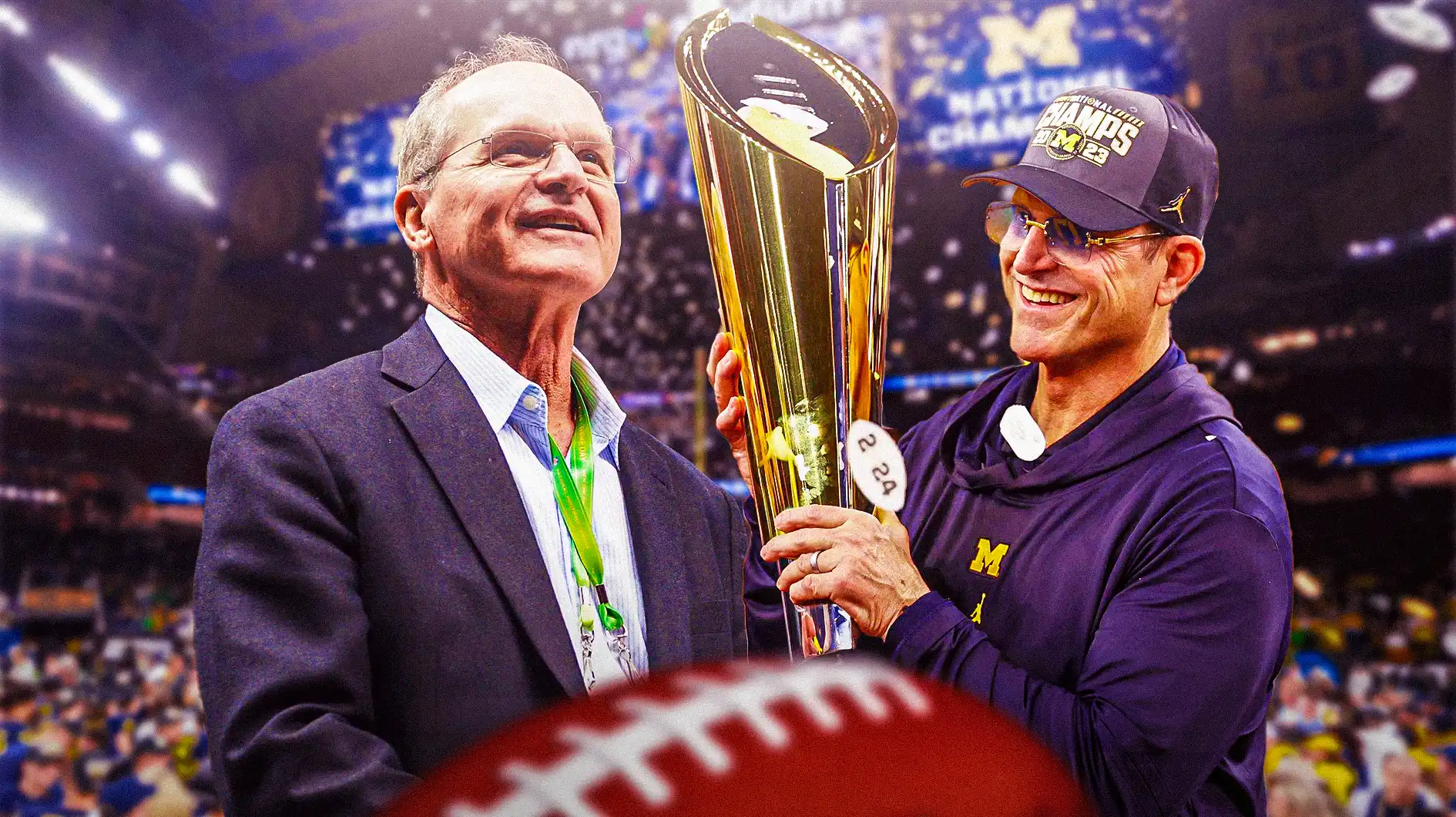 Michigan football coach Jim Harbaugh on the right, with dad Jack Harbaugh on the left.