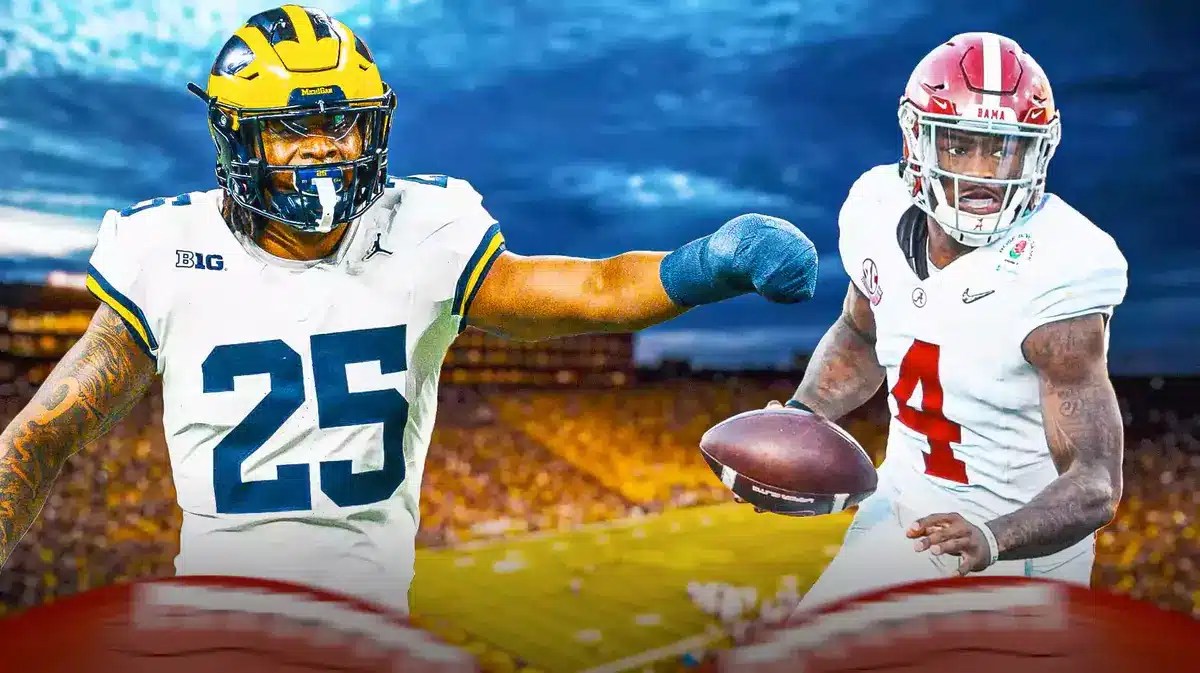 Michigan football player Junior Colson and Jalen Milroe in the Rose Bowl