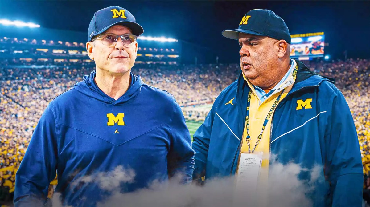 Michigan football, Wolverines, Jim Harbaugh, Warde Manuel, Jim Harbaugh NFL, Warde Manuel and Jim Harbaugh with Michigan football stadium in the background