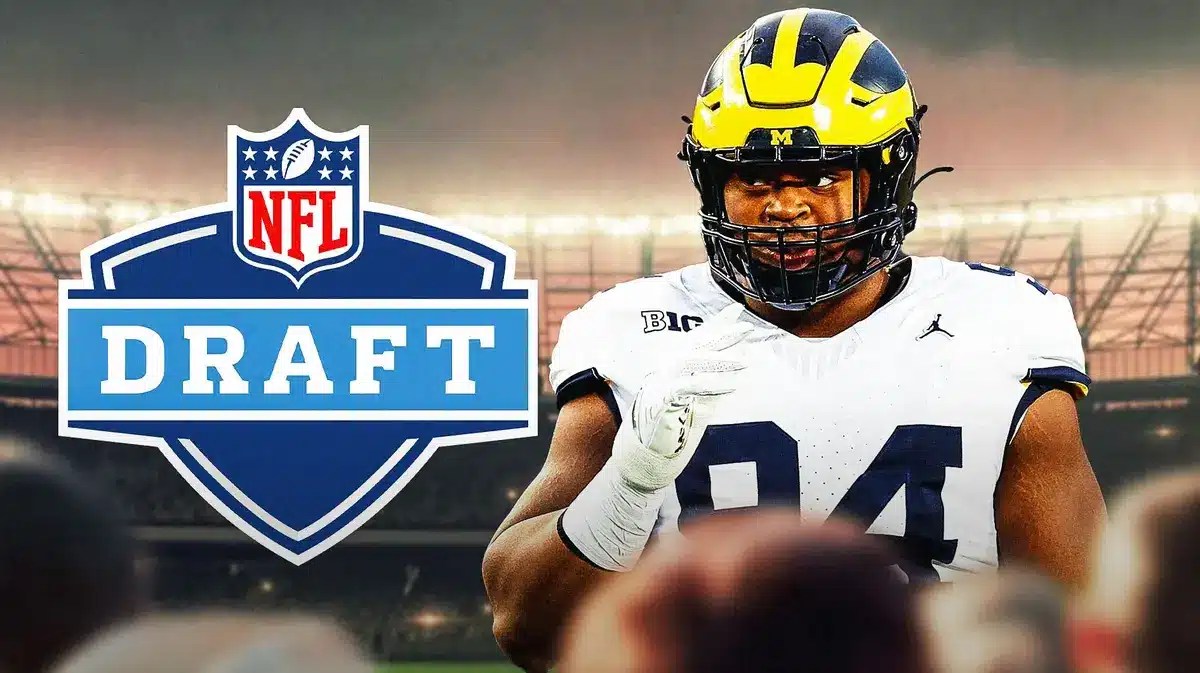 Michigan football defensive lineman Kris Jenkins with NFL draft logo