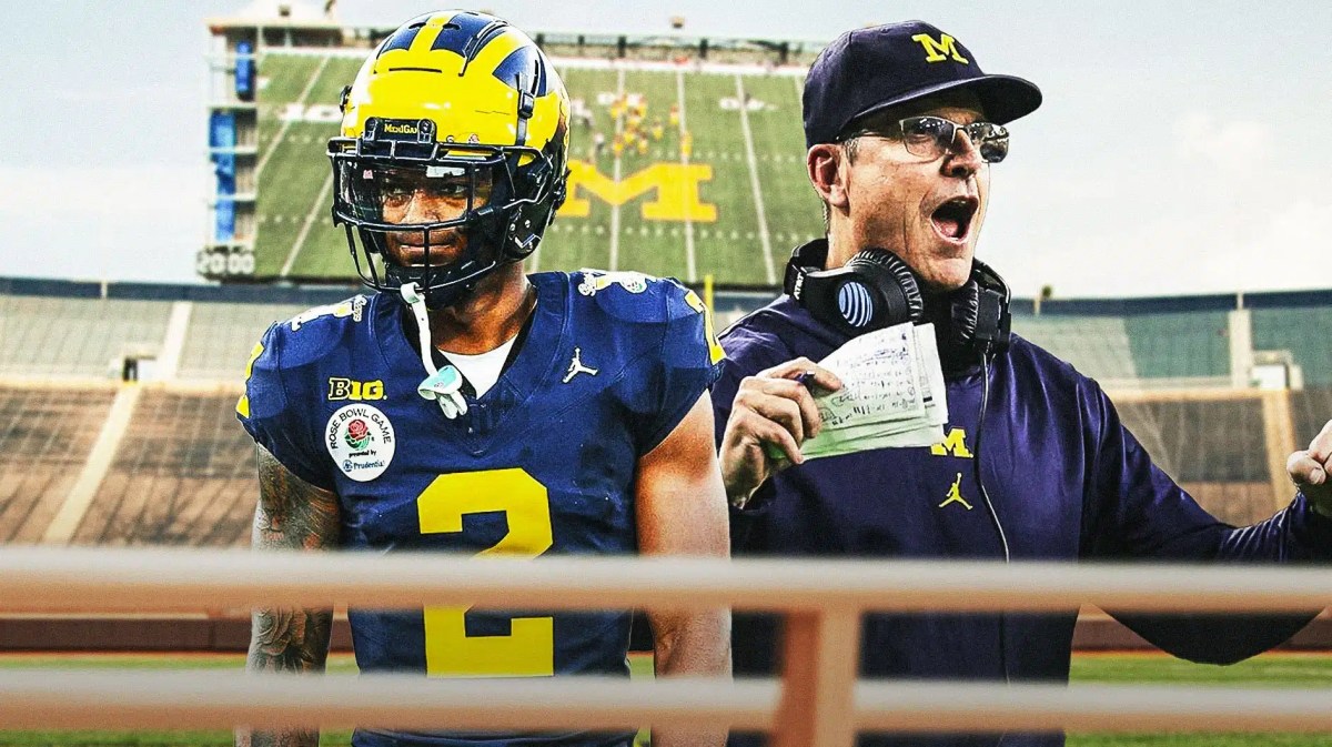 Michigan football, Wolverines, Jim Harbaugh, Will Johnson, Blake Corum, Will Johnson in Michigan uni and Jim Harbaugh with Michigan football stadium in the background