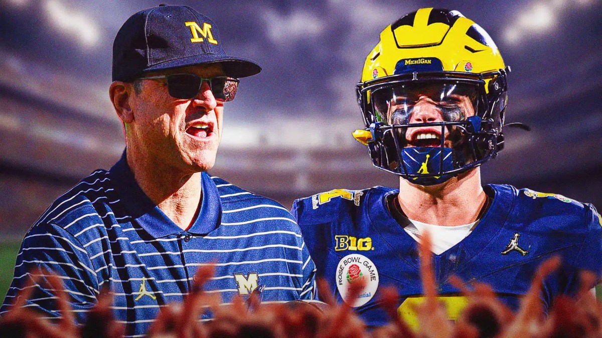 Michigan football, Wolverines, Washington football, Huskies, CFP National Championship, JJ McCarthy and Jim Harbaugh with NRG Stadium in the background