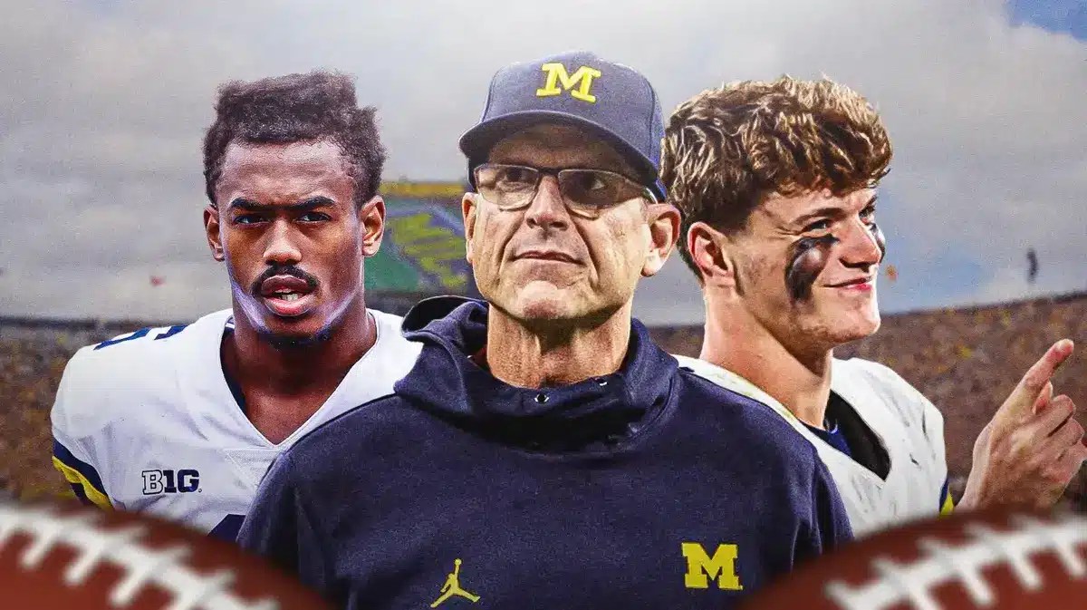 Michigan football players J.J. McCarthy, Cornelius Johnson, and head coach Jim Harbaugh in front of Michigan Stadium.