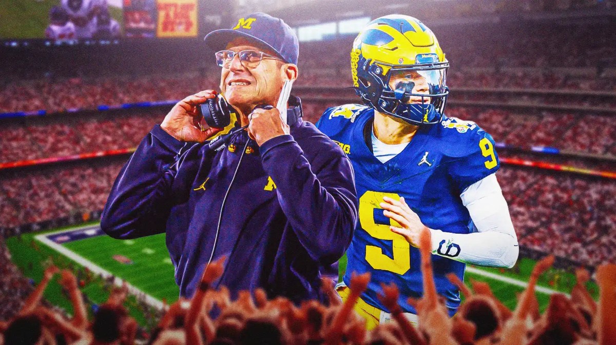 Michigan coach Jim Harbaugh and quarterback J.J. McCarthy.