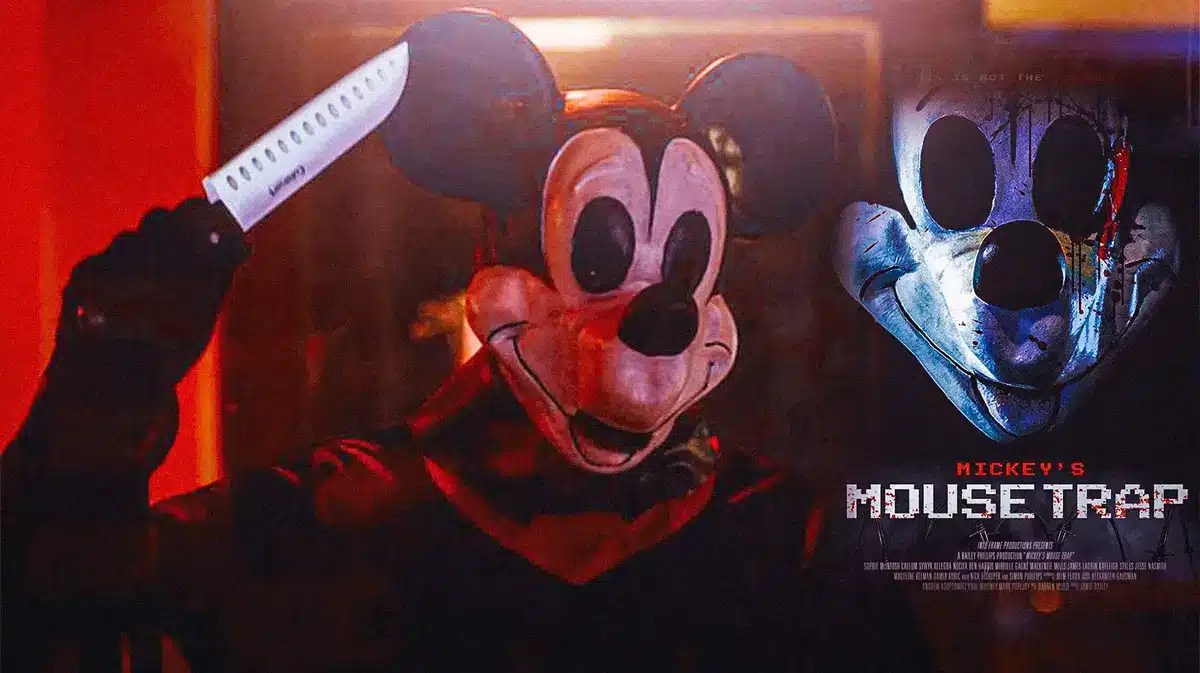 Poster for new Mickey Mouse horror movie Mickey's Mouse Trap alongside image from the film of Mickey wielding a giant knife