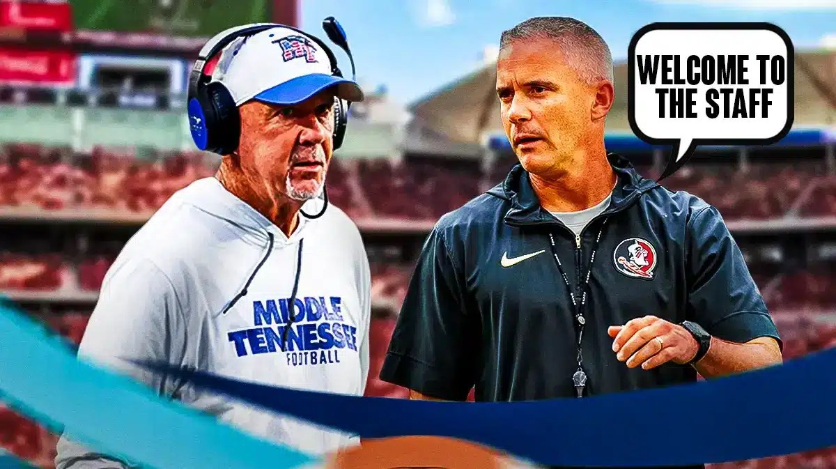 Mike Norvell (Florida State) next to Rick Stockstill. Norvell saying “welcome to the staff”