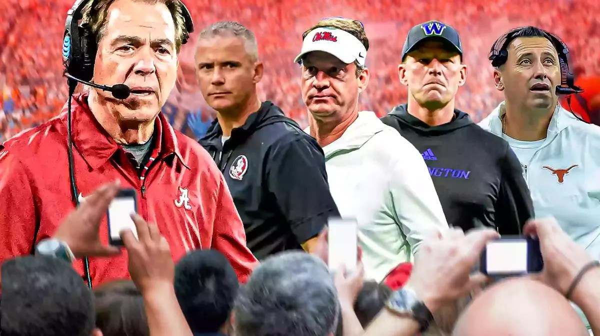 Former Alabama footbal coach Nick Saban next to Mike Norvell, Kalen DeBoer, Lane Kiffin, Steve Sarkisian