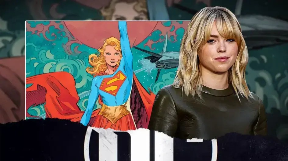 Milly Alcock, Supergirl poster; background DC logo