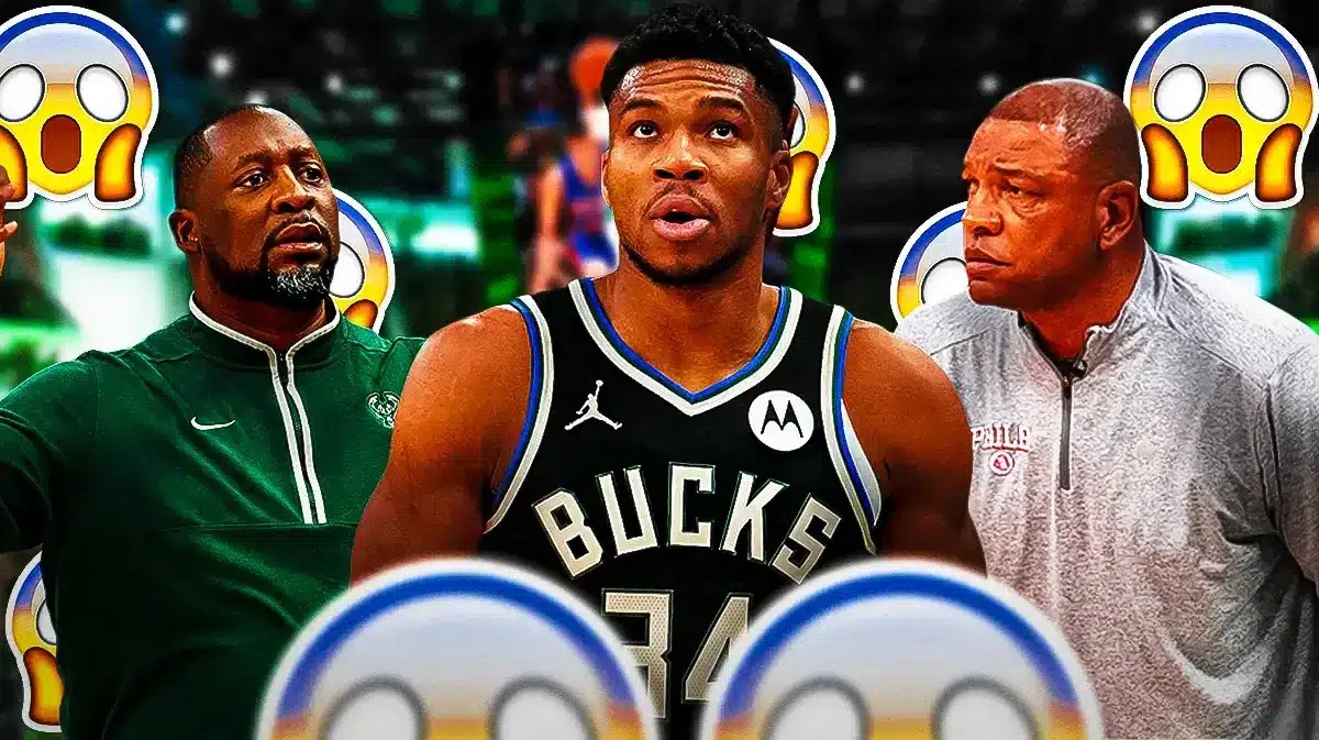 Adrian Griffin next to Giannis Antetokounmpo and Doc Rivers with shocking emojis all around