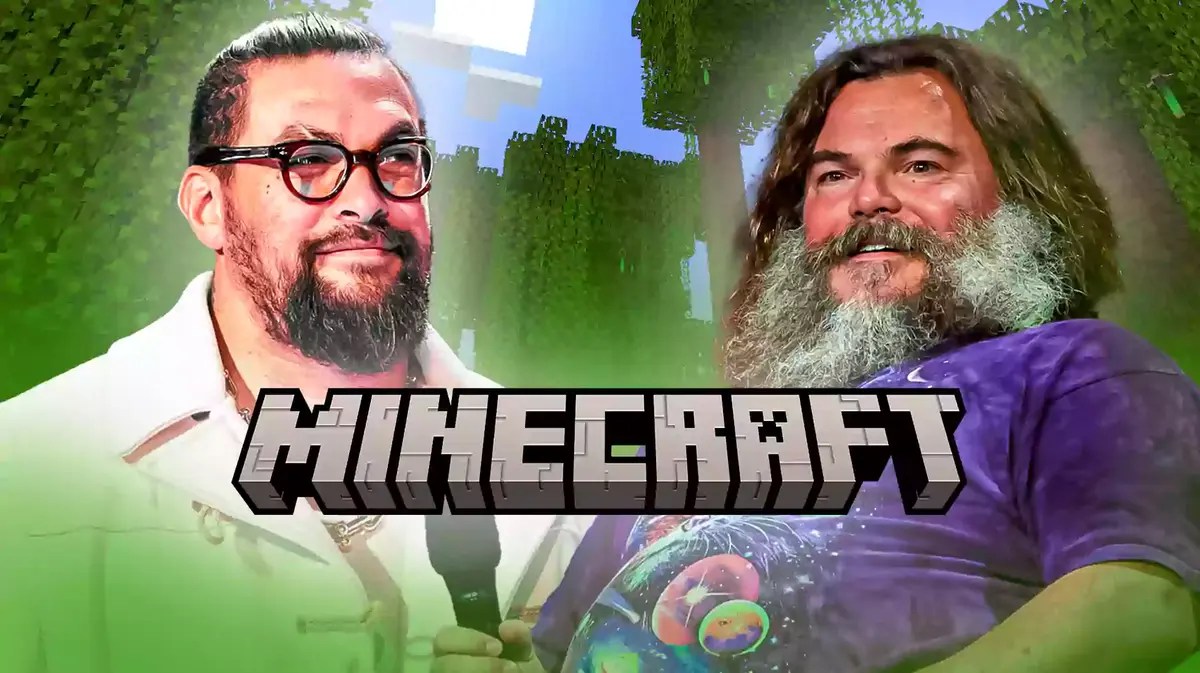 Jason Momoa and Jack Black with Minecraft logo and background.