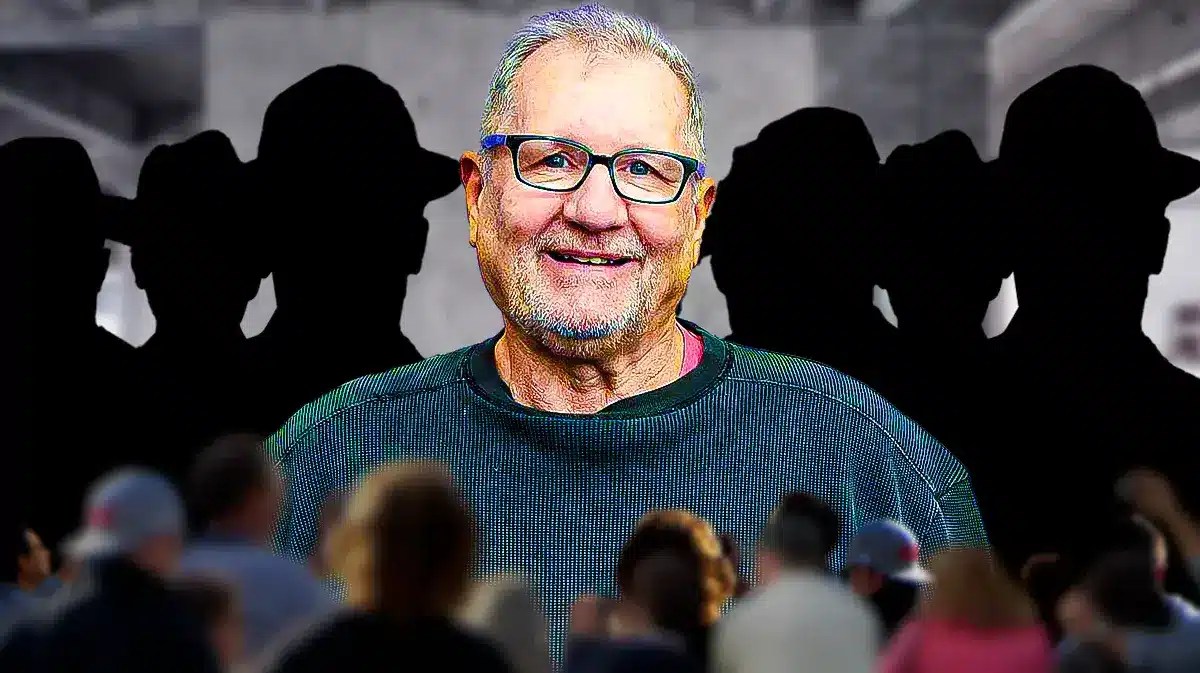 Ed O'Neill and a background of men in silhouette.
